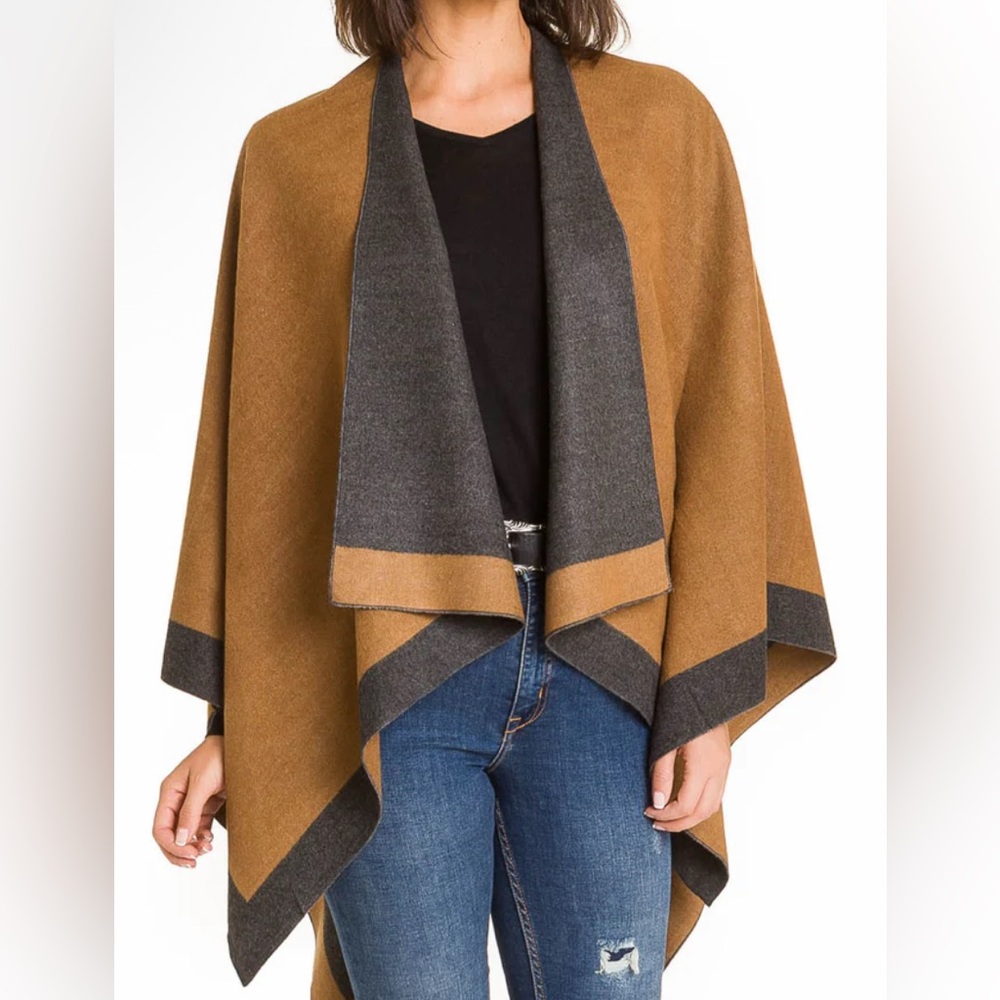 Melifluos Reversible Knit Poncho - Brown and Gray